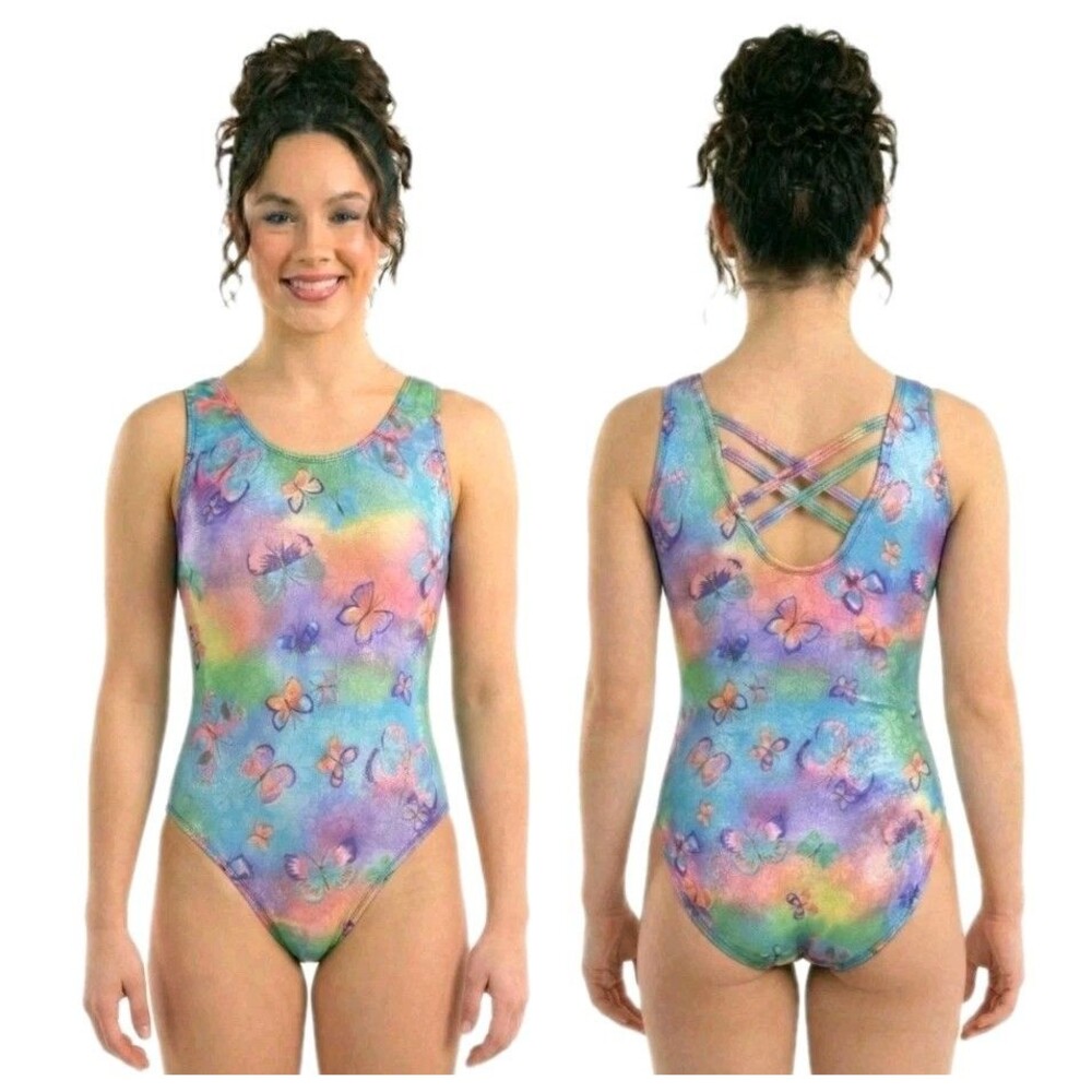 Satara VTG Neon Tie Dye Butterfly Sparkle Accent Tank Crossback Leotard Size AL